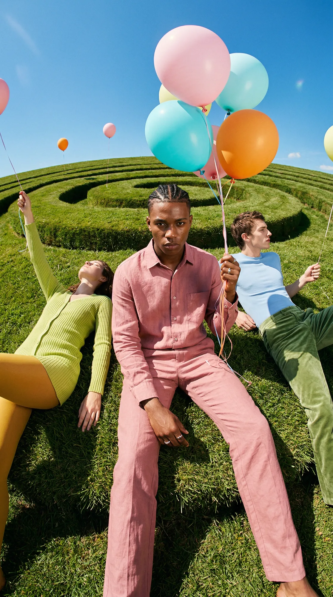 Tre giovani seduti su un labirinto di siepi verdi sotto un cielo blu, con palloncini colorati in mano; scena fashion surreale con palette pastello e composizione editoriale.