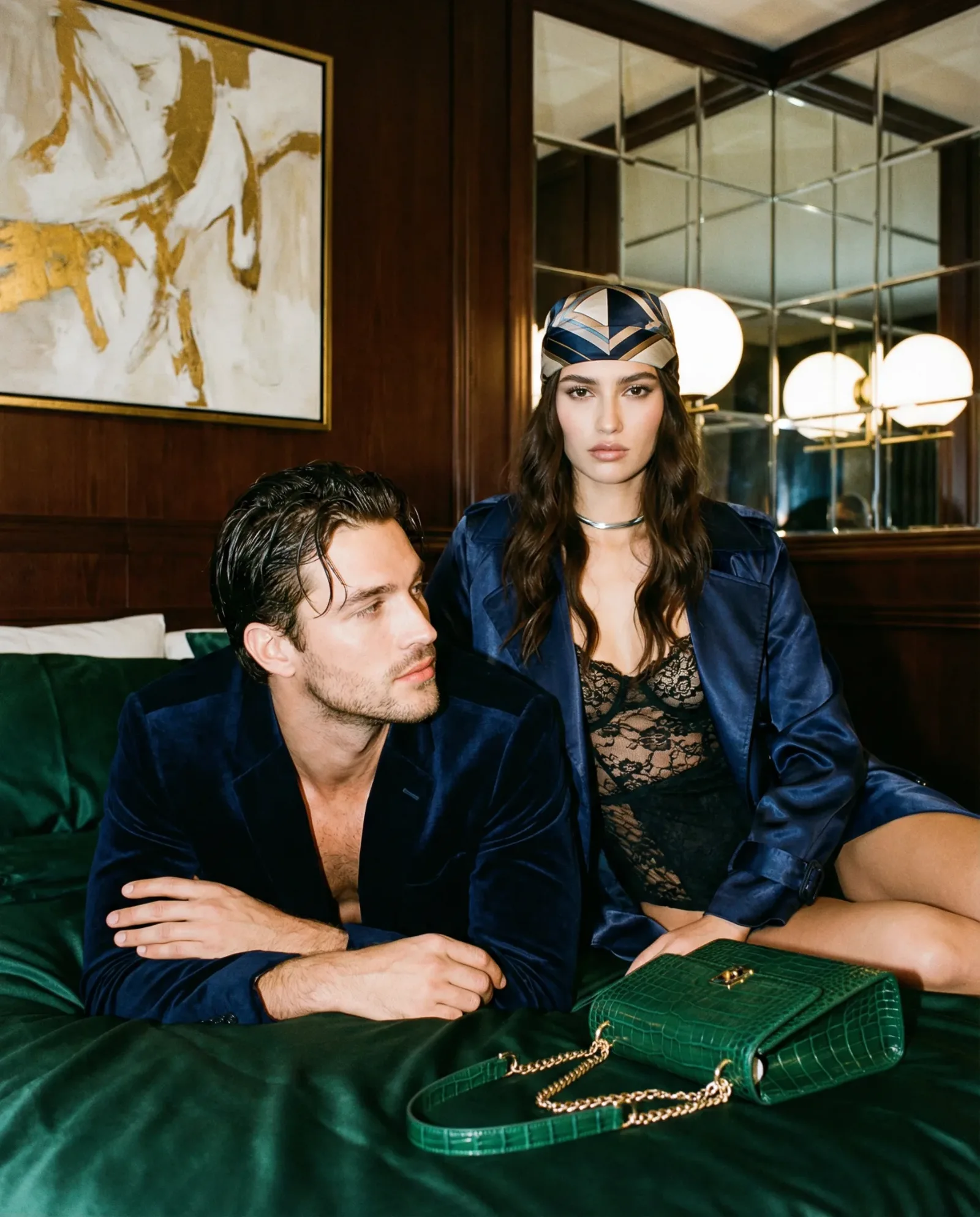 Coppia elegante seduta su un letto in una stanza d’hotel con arredamento sofisticato.  EN: