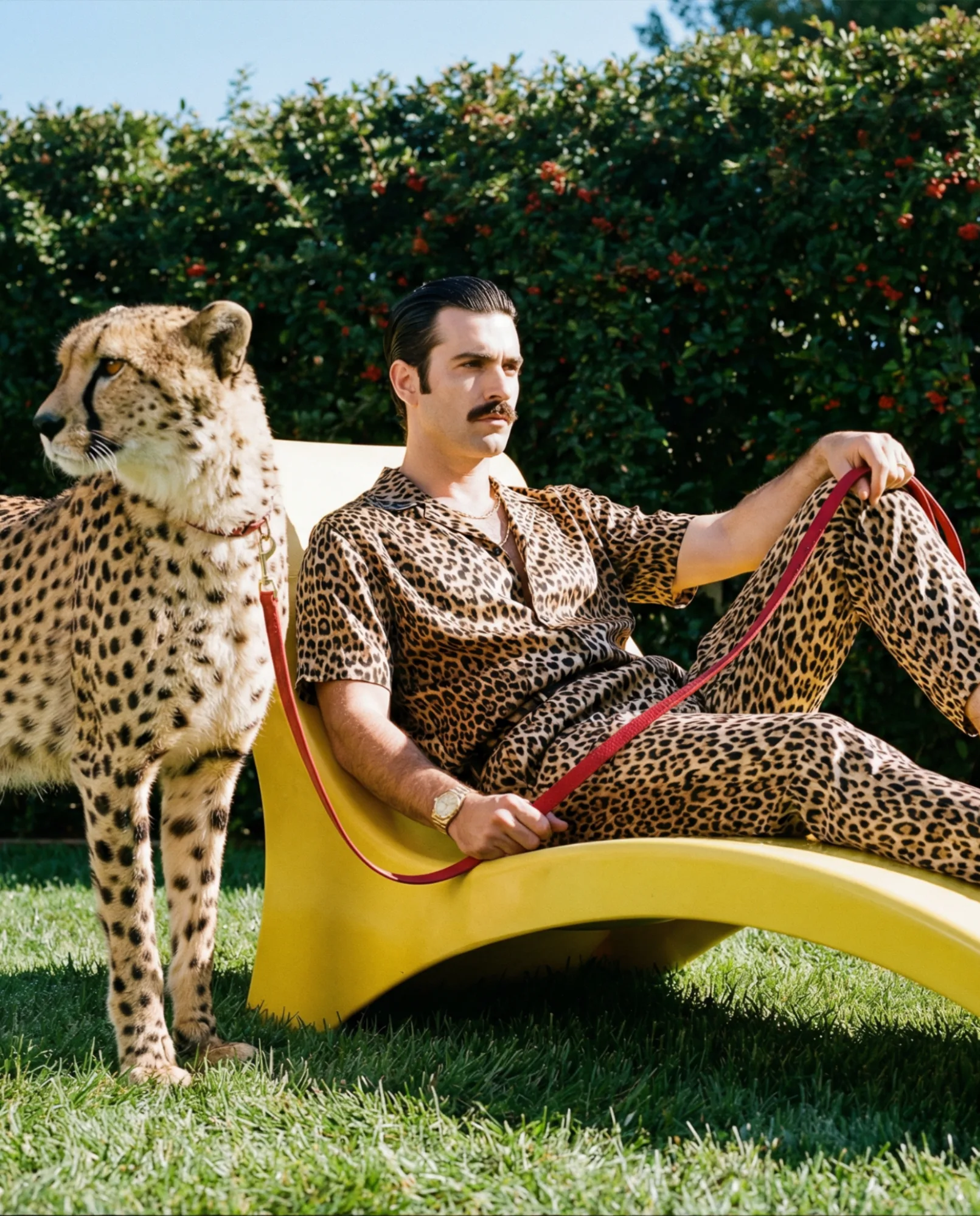 Uomo seduto su una chaise longue in giardino con un ghepardo al guinzaglio accanto a lui.