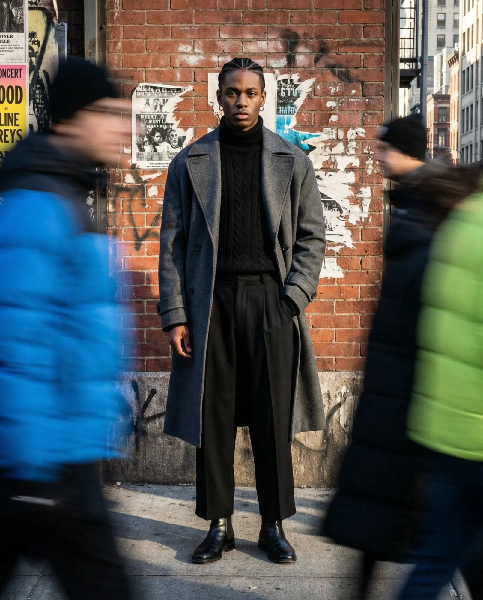 Uomo elegante con cappotto lungo fermo su un marciapiede cittadino mentre i passanti si muovono sfocati intorno a lui.