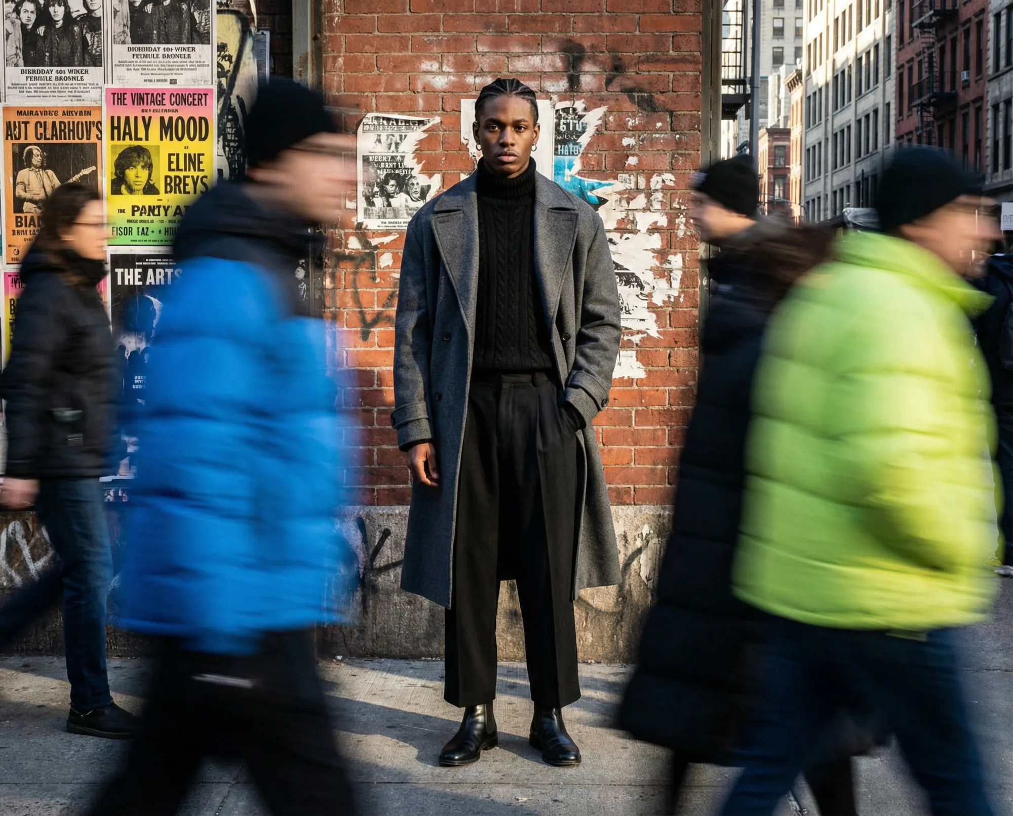 Uomo elegante con cappotto lungo fermo su un marciapiede cittadino mentre i passanti si muovono sfocati intorno a lui.