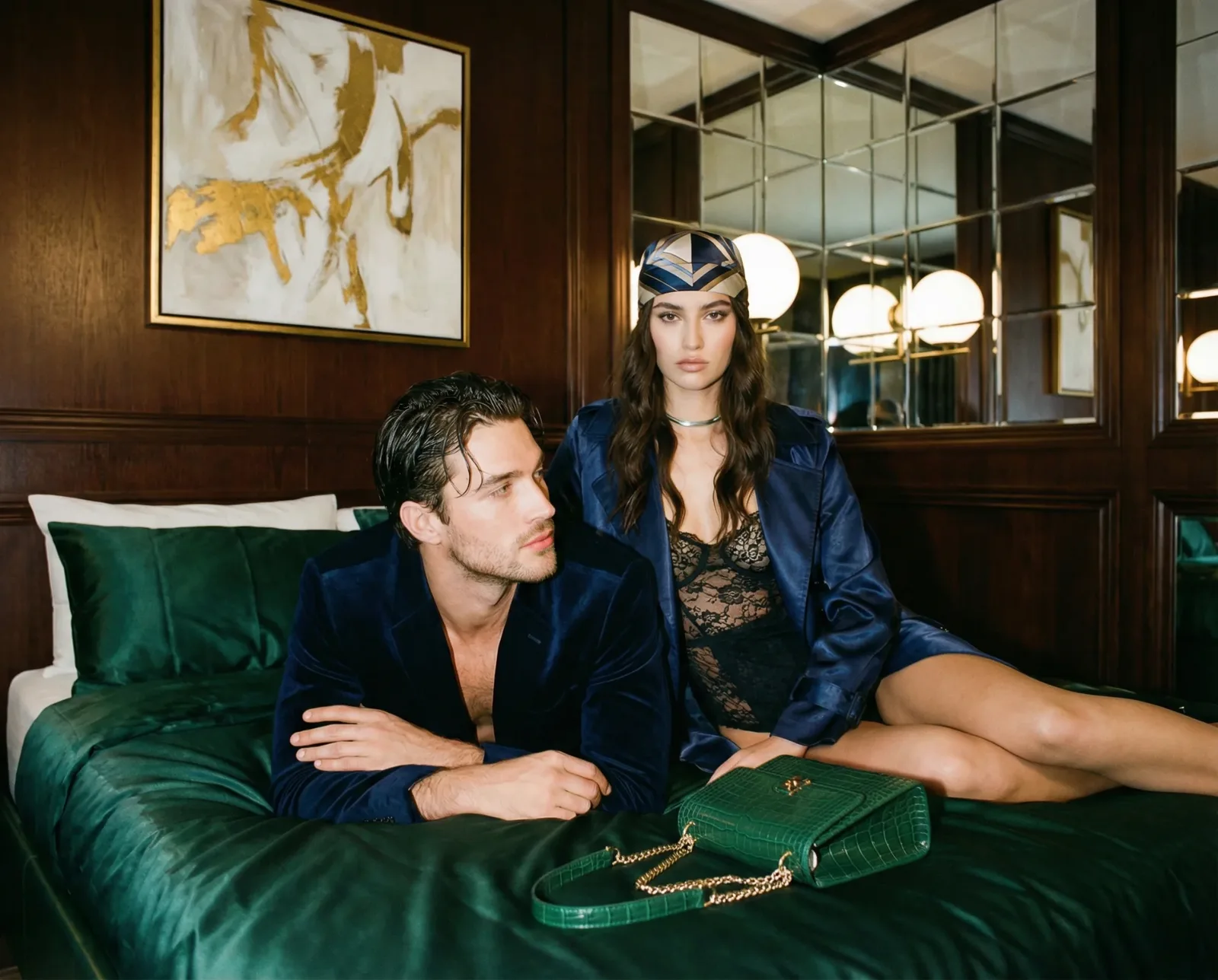 Coppia elegante seduta su un letto in una stanza d’hotel con arredamento sofisticato.  EN: