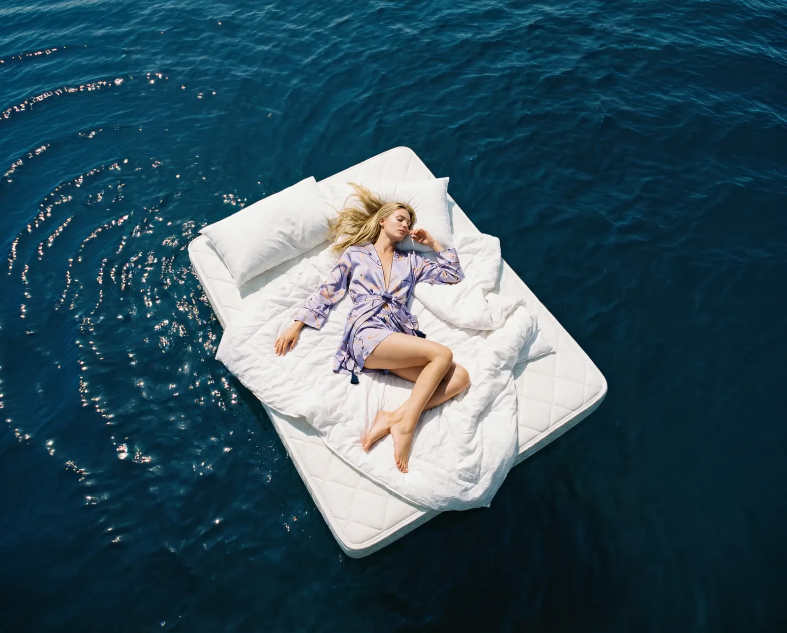Donna sdraiata su un materasso che galleggia in mare aperto vista dall’alto.
