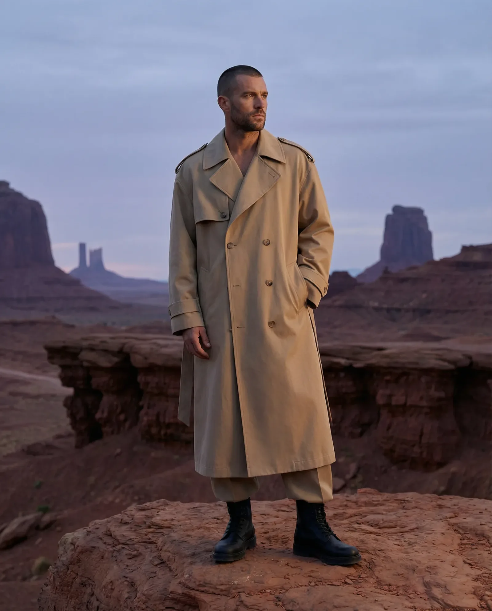 Uomo con trench beige in piedi su una scogliera nel deserto con grandi formazioni rocciose sullo sfondo, fotografia editoriale di moda in luce naturale.
