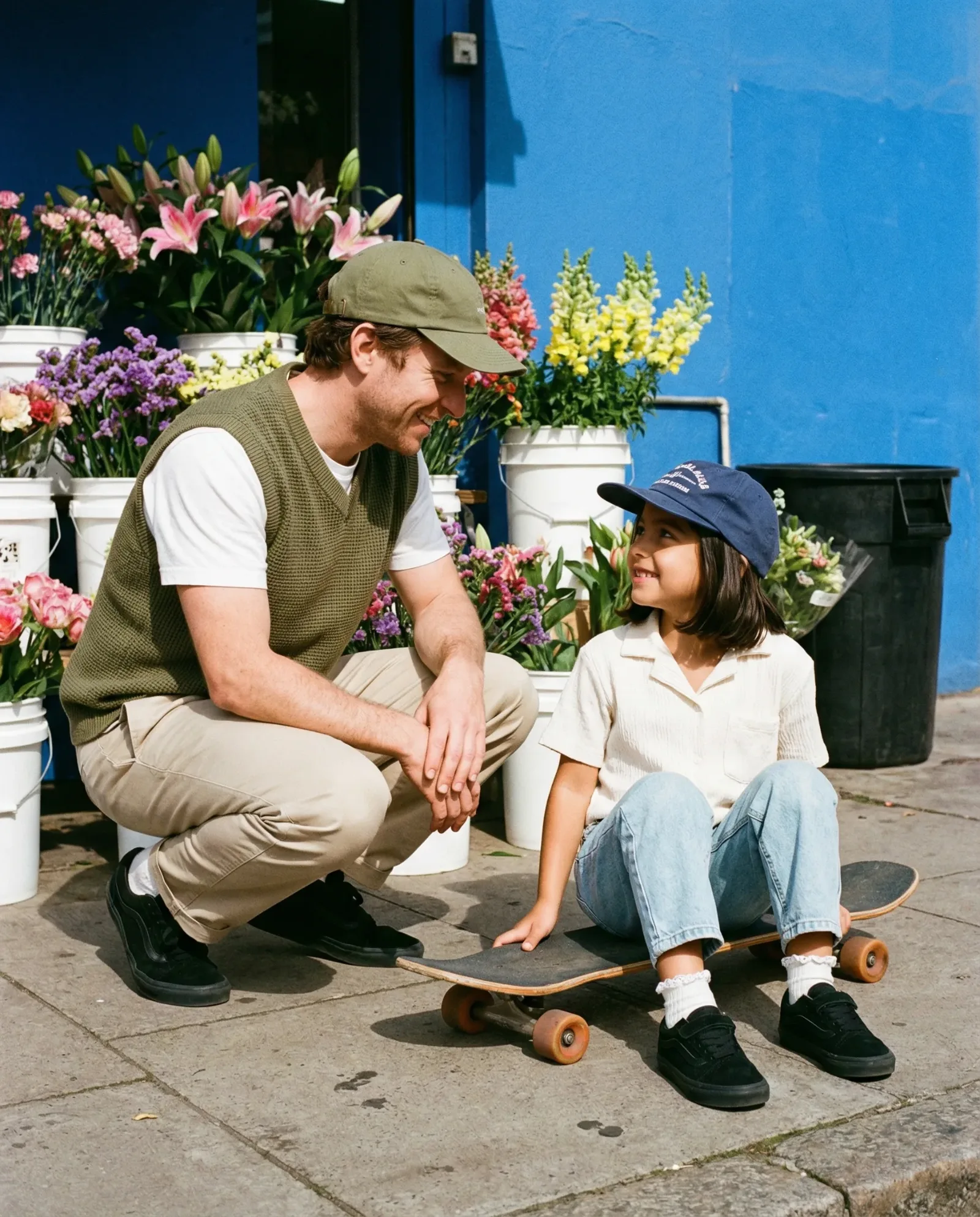 Padre e bambina seduti sul marciapiede davanti a un negozio di fiori, con uno skateboard tra loro.