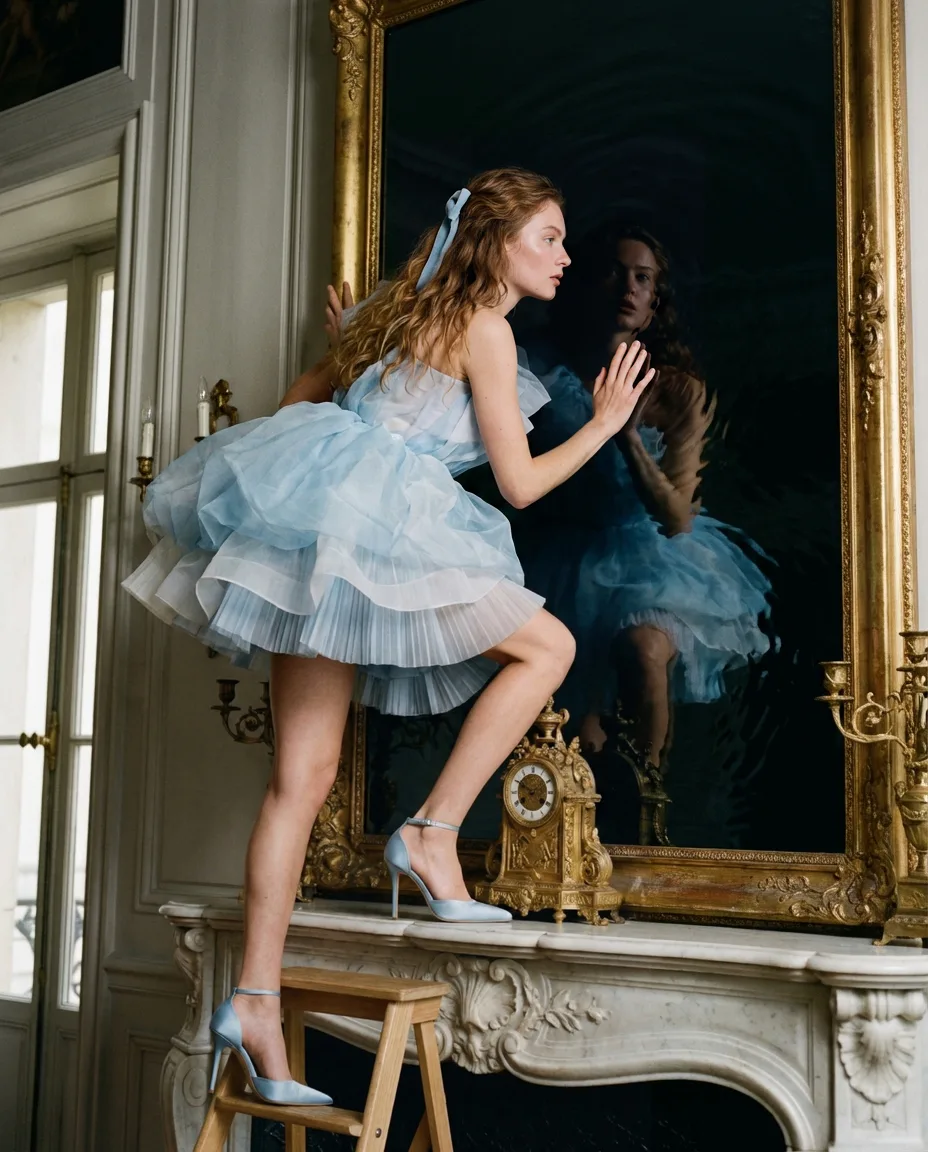 Modella con abito azzurro in tulle e tacchi alti che si avvicina a un grande specchio dorato sopra un camino in una stanza elegante, fotografia fashion editoriale con atmosfera surreale.