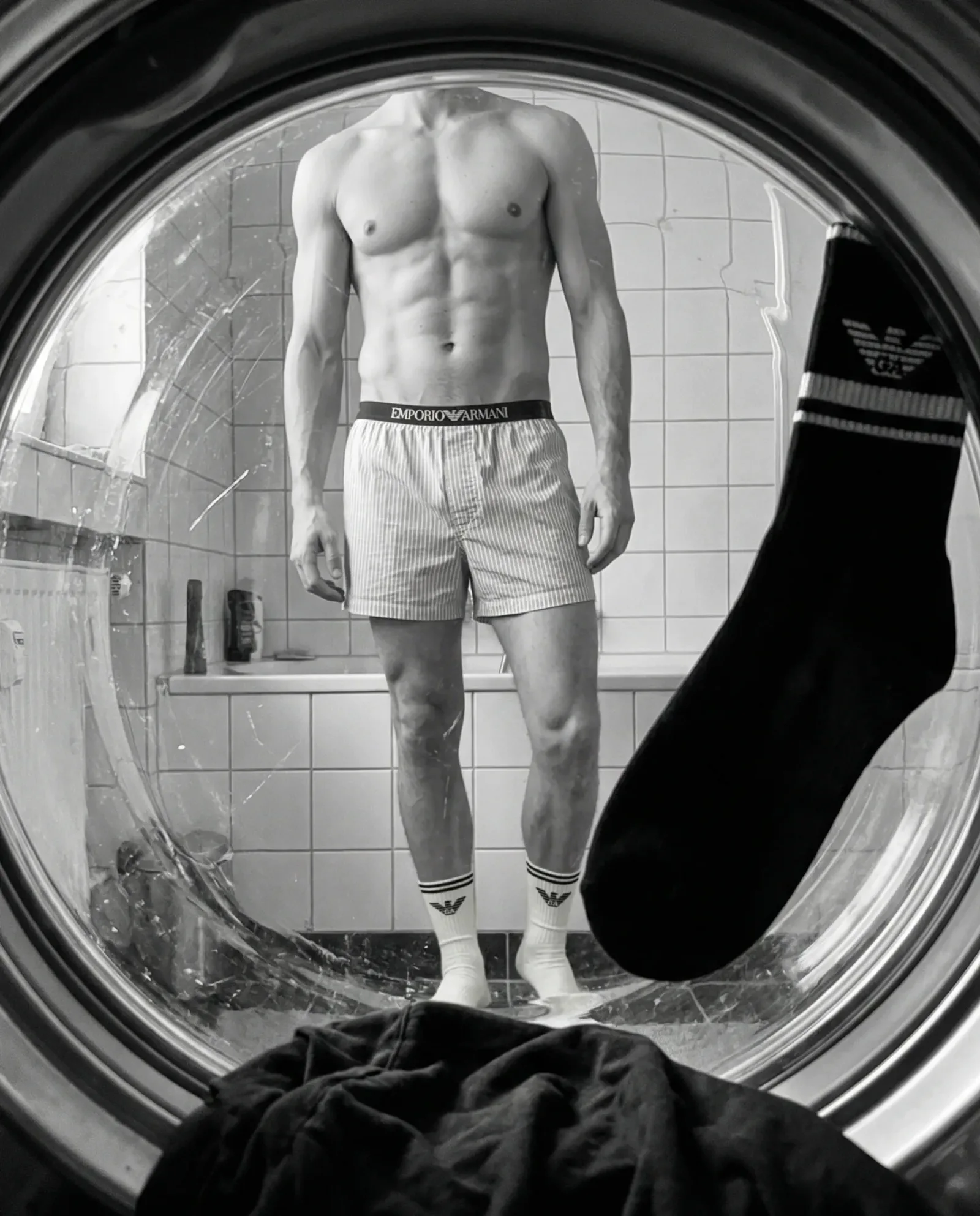 Vista dall’interno di una lavatrice: uomo in piedi in bagno con boxer e calzini Emporio Armani mentre un calzino scuro cade verso il cestello, fotografia fashion in bianco e nero.