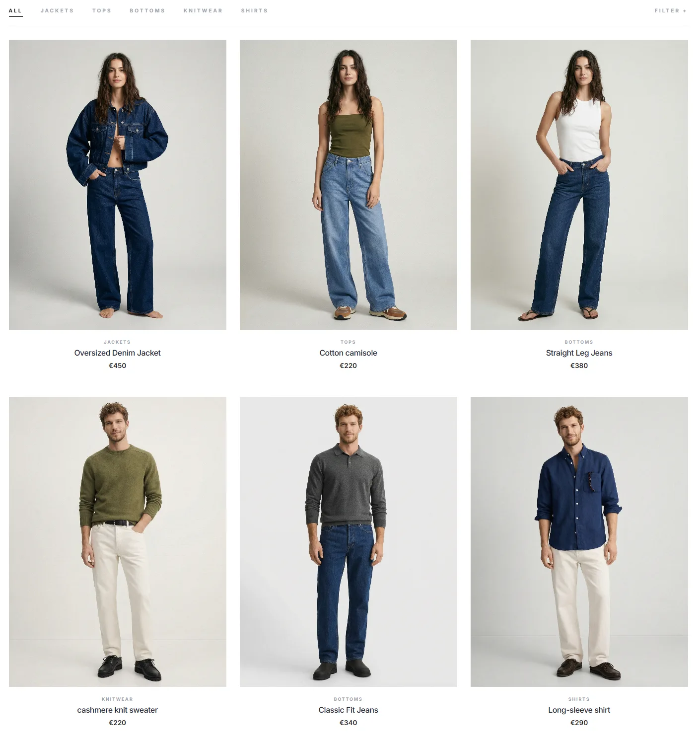 Catalogo e-commerce con più capi della collezione fotografati con lo stesso modello, luce e sfondo coerenti