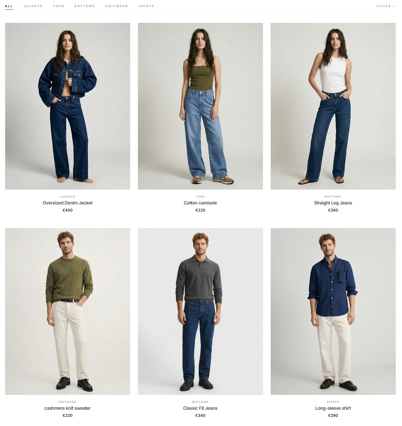 Catalogo e-commerce con più capi della collezione fotografati con lo stesso modello, luce e sfondo coerenti