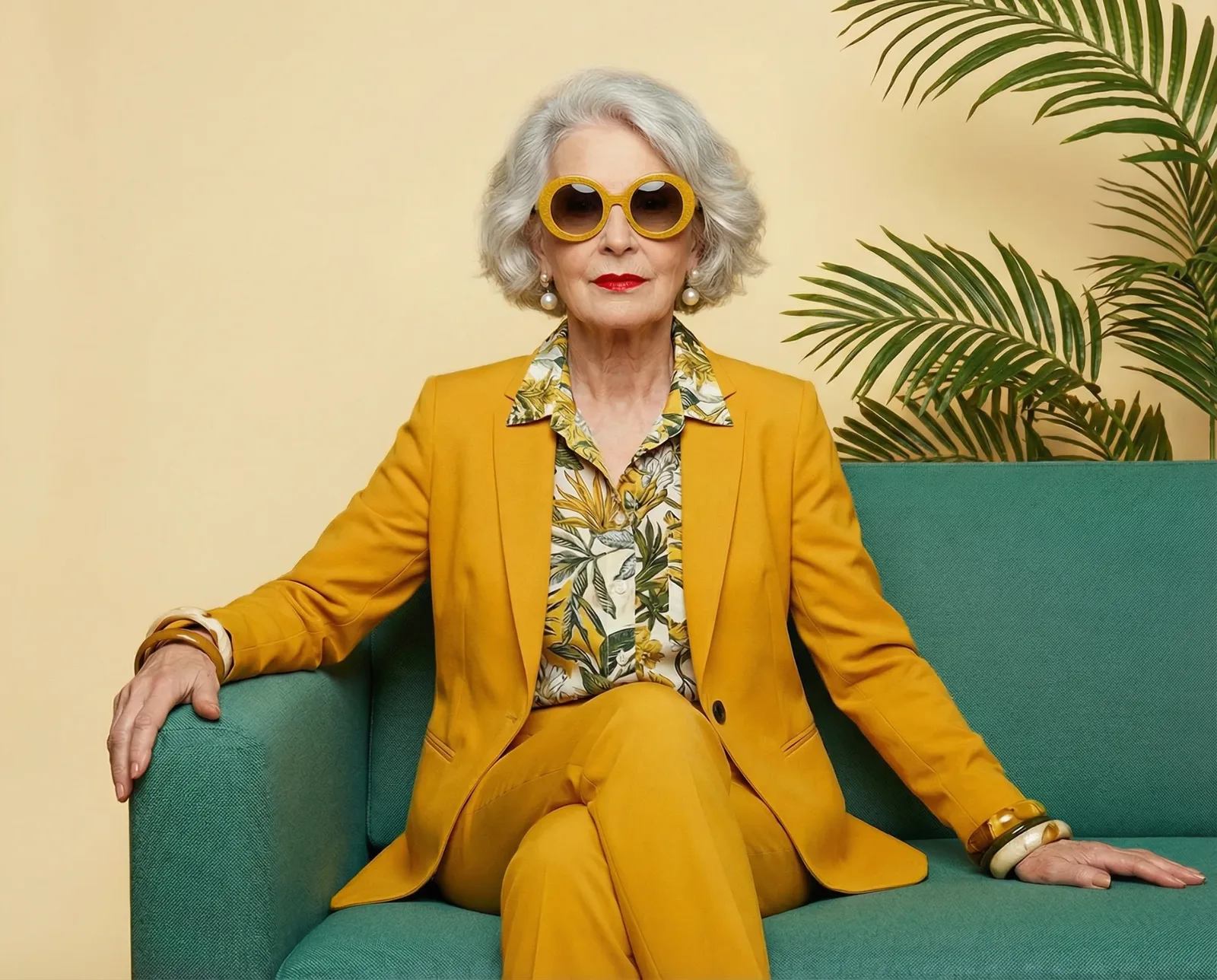 Immagine e-commerce con modella senior in completo giallo su sfondo colorato