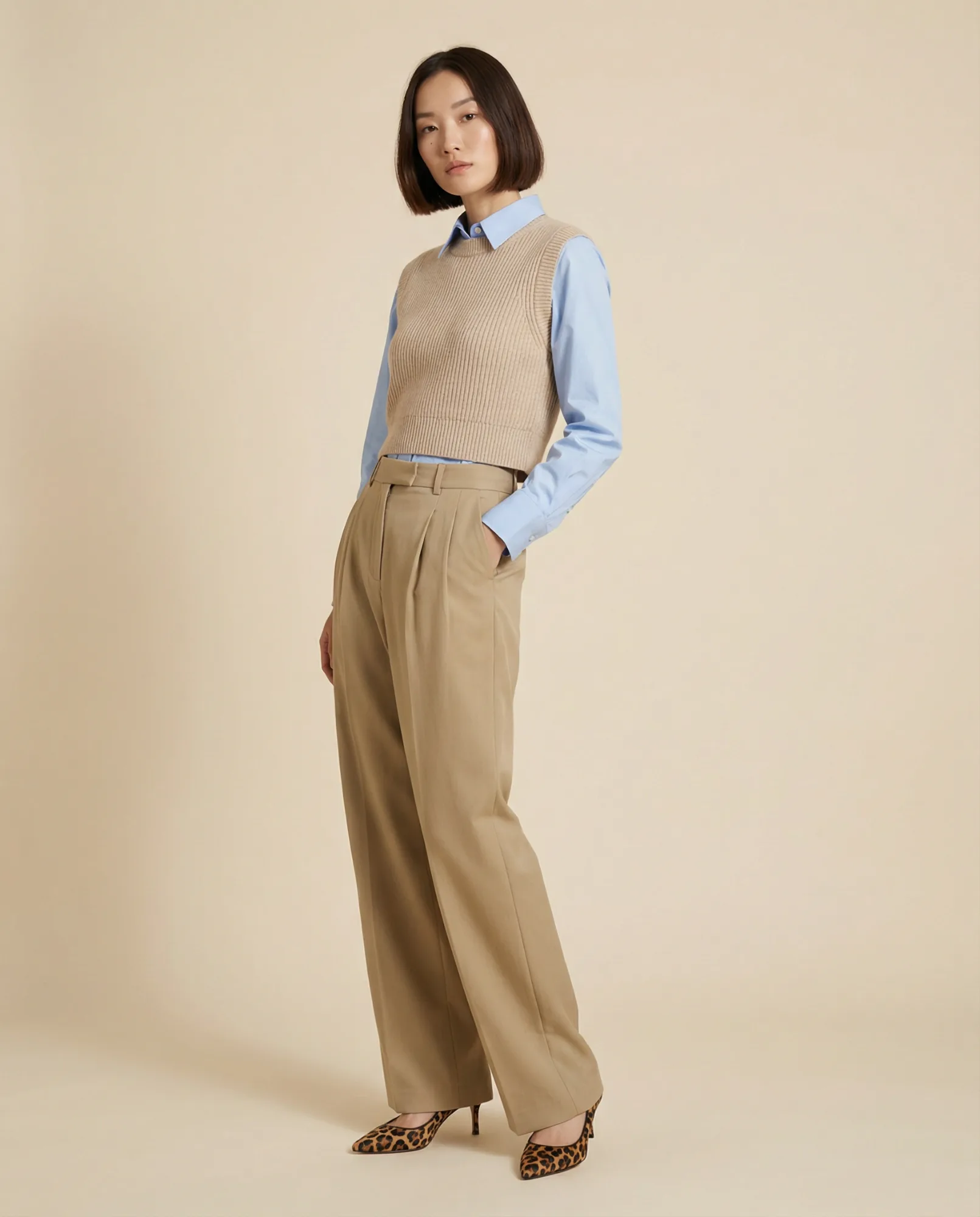 Immagine e-commerce moda con modella in outfit beige su sfondo caldo neutro