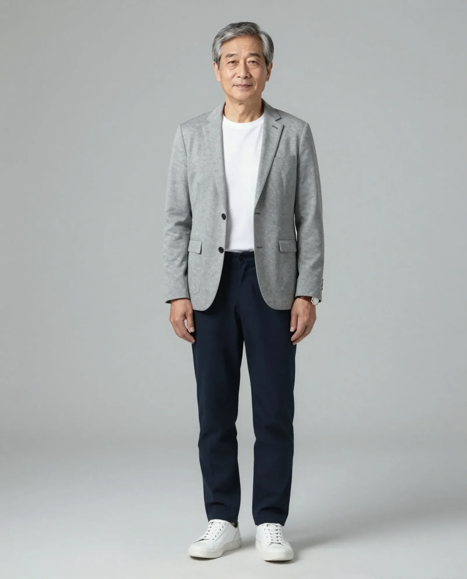 Immagine e-commerce con modello senior in blazer grigio su sfondo chiaro