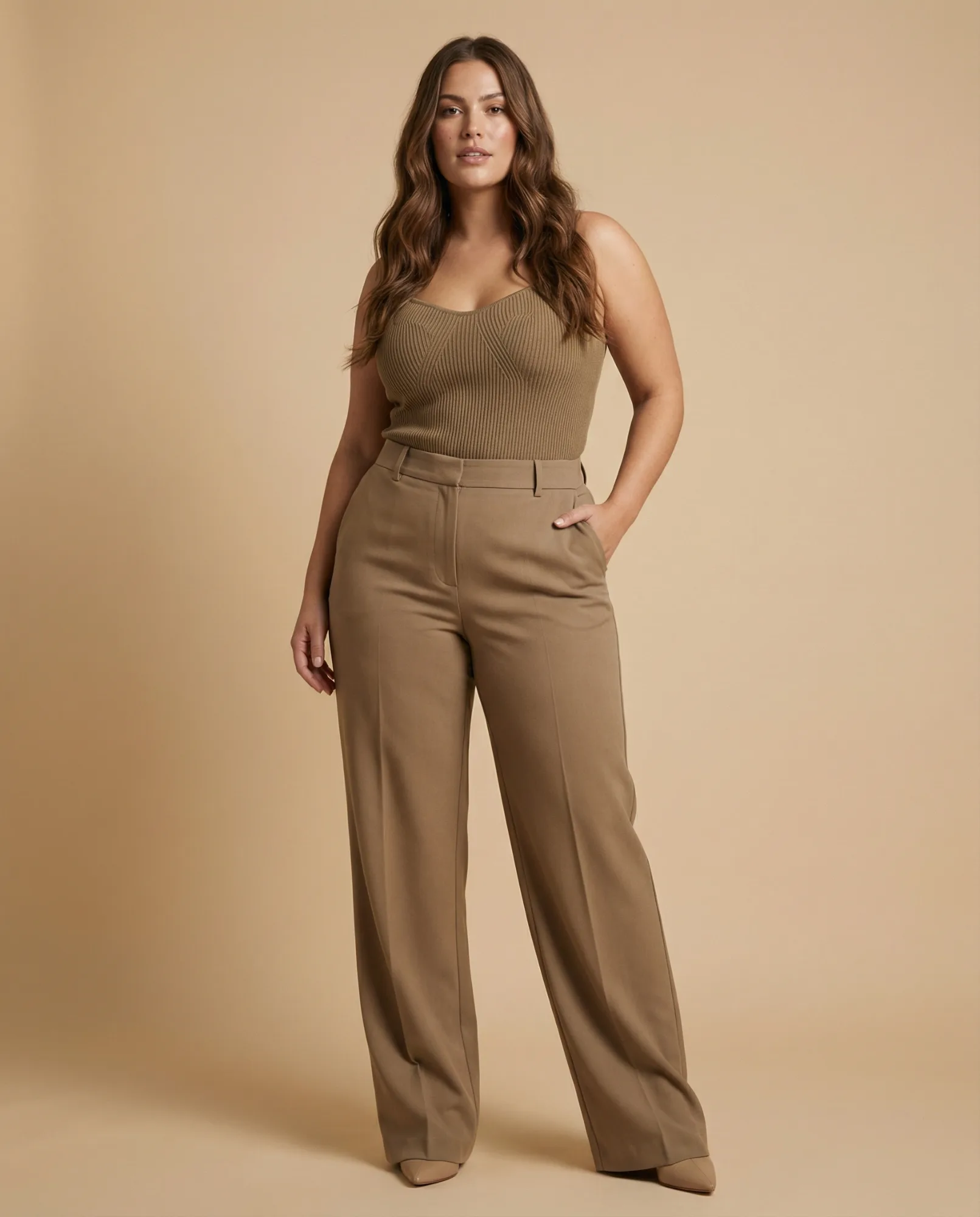 Immagine e-commerce fashion con modella curvy in completo beige su sfondo caldo