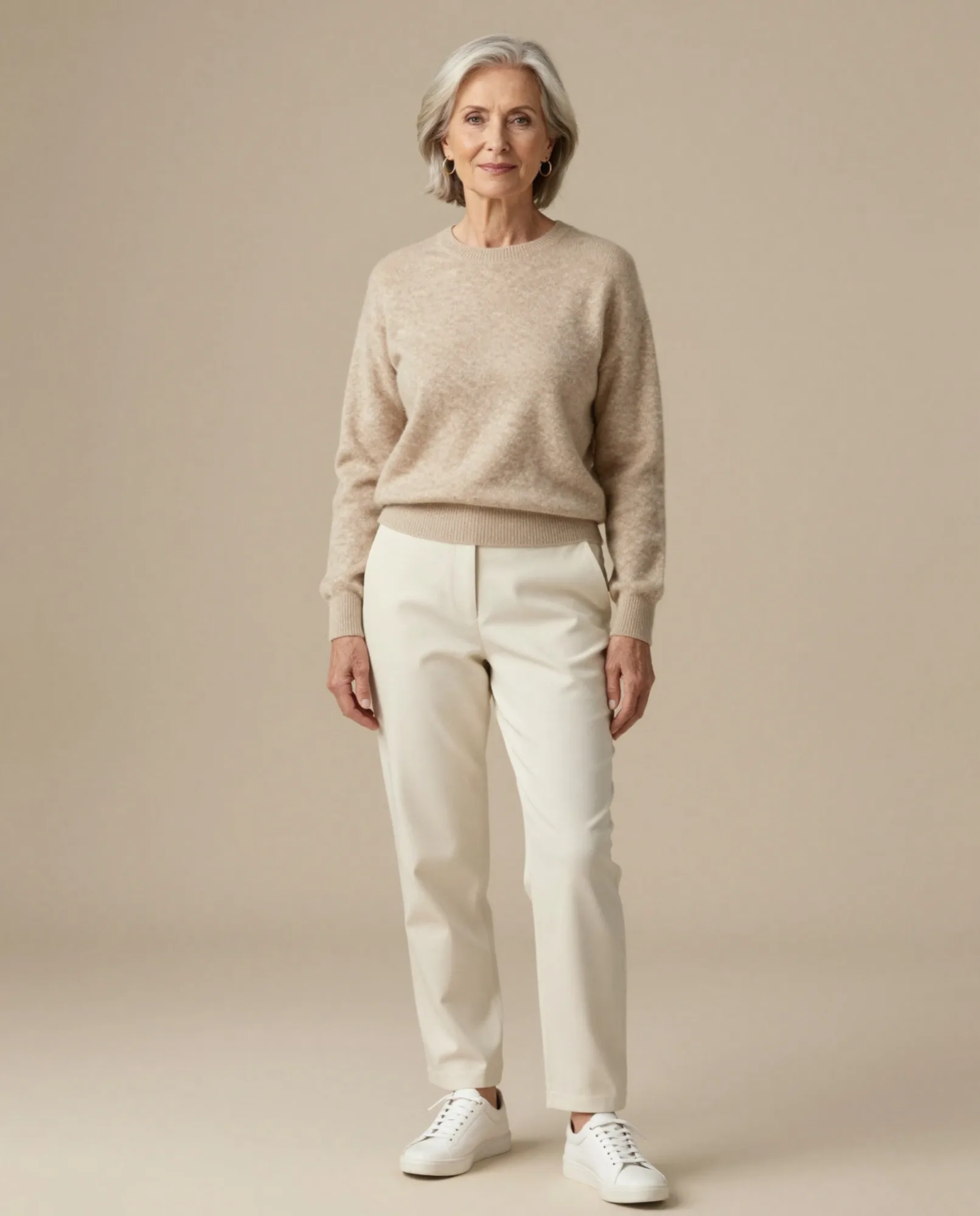 Immagine e-commerce con modella senior in outfit chiaro su sfondo neutro