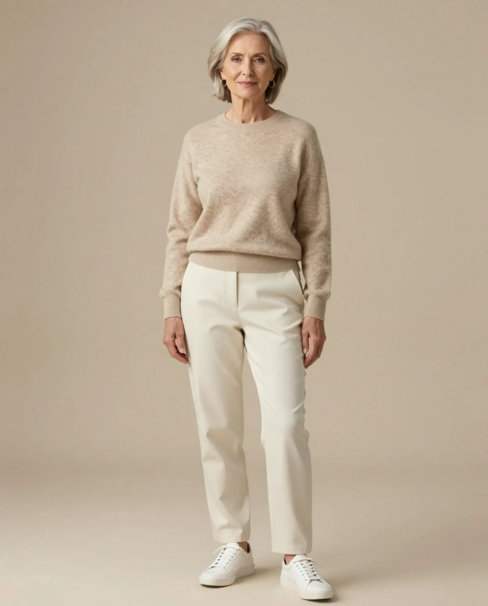 Immagine e-commerce con modella senior in outfit chiaro su sfondo neutro