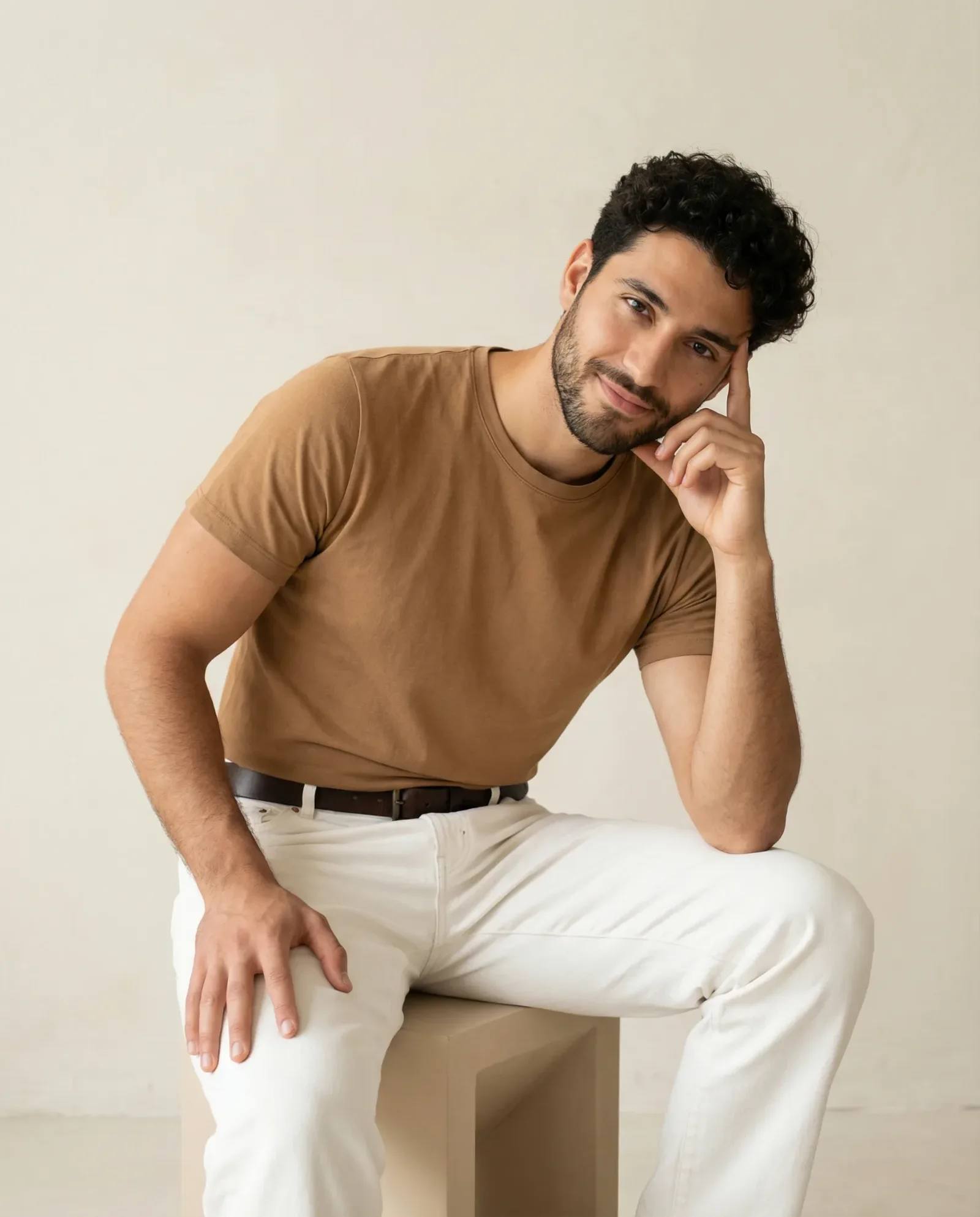 Immagine e-commerce con modello in t-shirt beige e pantaloni chiari su sfondo neutro