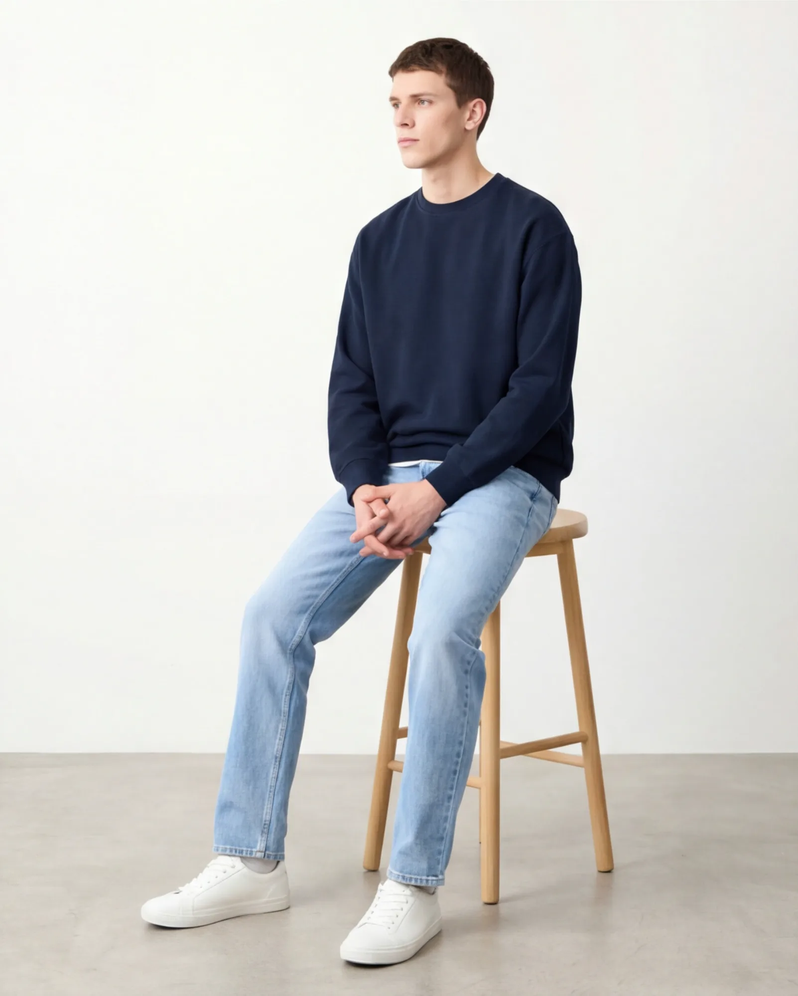 Immagine e-commerce con modello seduto che indossa felpa blu navy su sfondo minimal