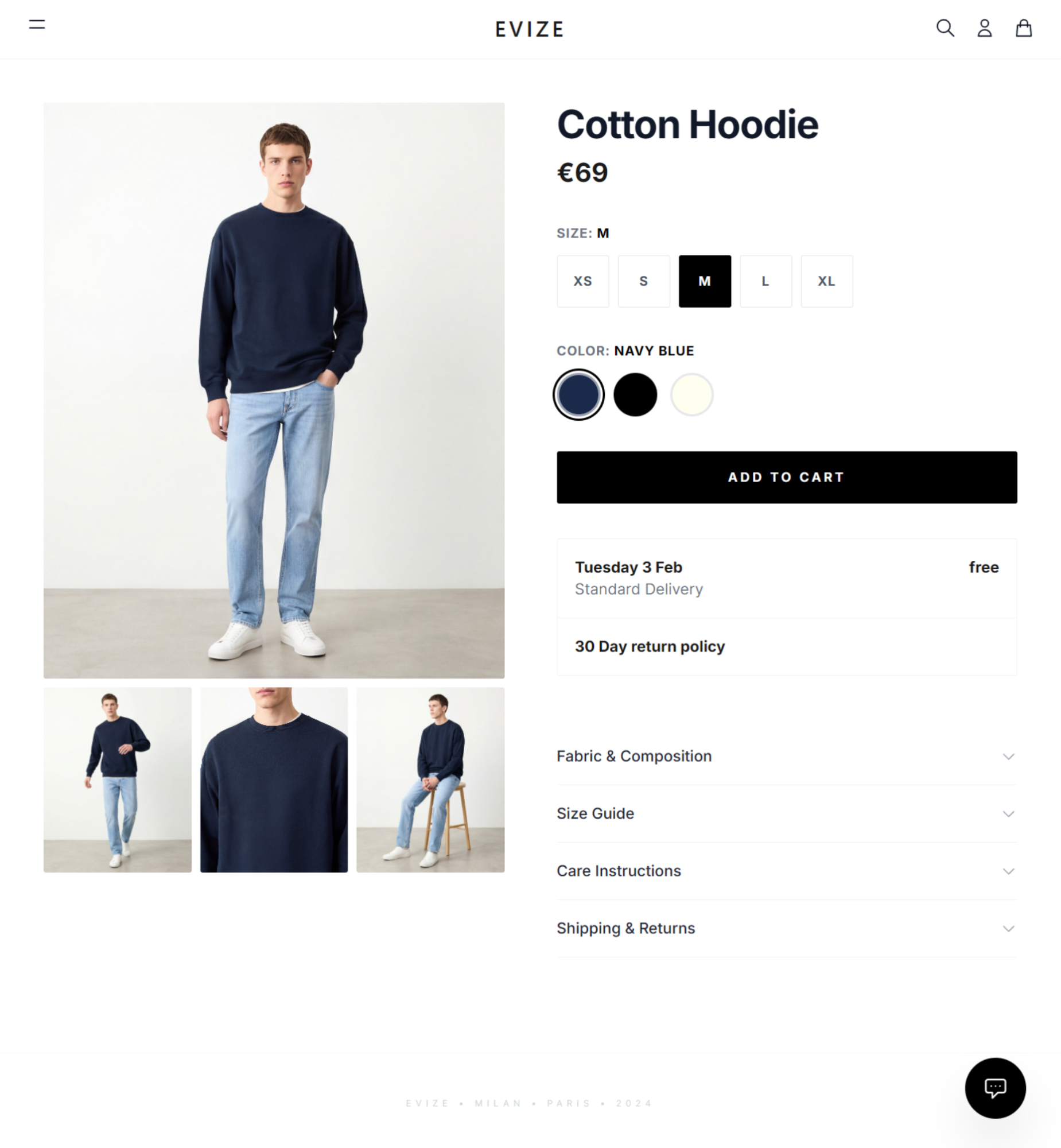 Mockup scheda prodotto e-commerce con immagini, varianti colore e selezione taglie