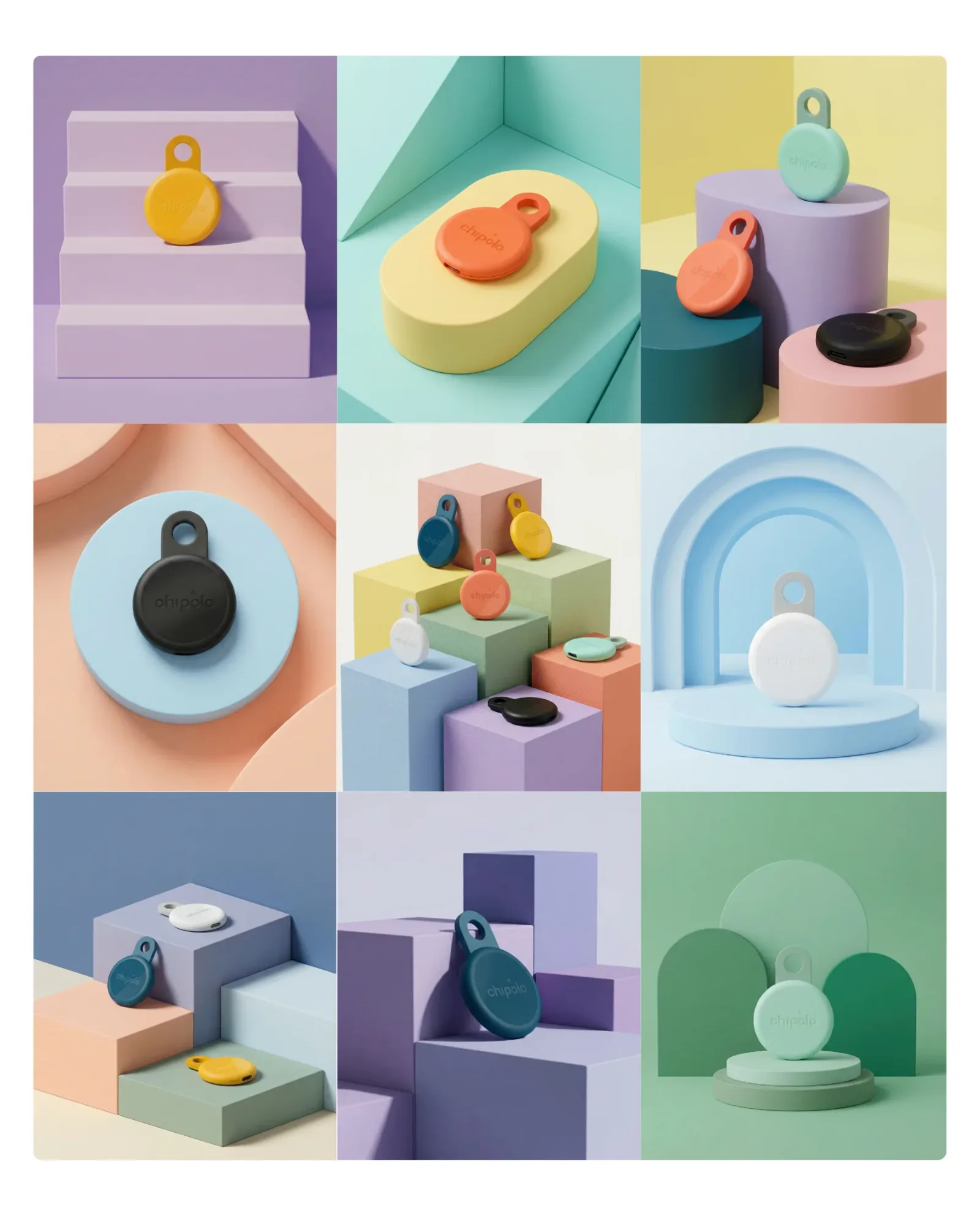 Composizione 3D di prodotto tech in diversi colori su set geometrico pastello, mockup visual system e-commerce