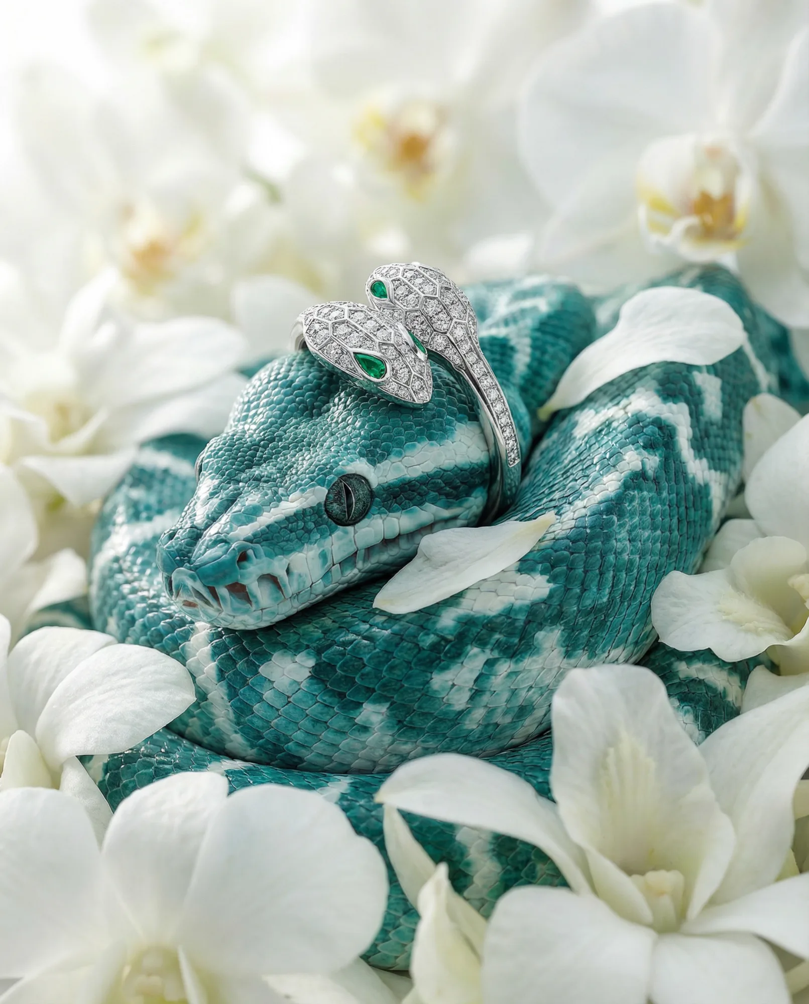 Serpente verde smeraldo avvolto tra petali bianchi con gioiello a forma di serpente in diamanti, fotografia luxury dal mood editoriale