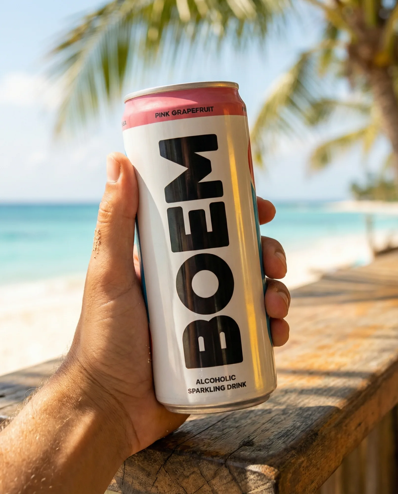 Mano che tiene una lattina slim bianca su una terrazza in legno con spiaggia tropicale e palma sullo sfondo.