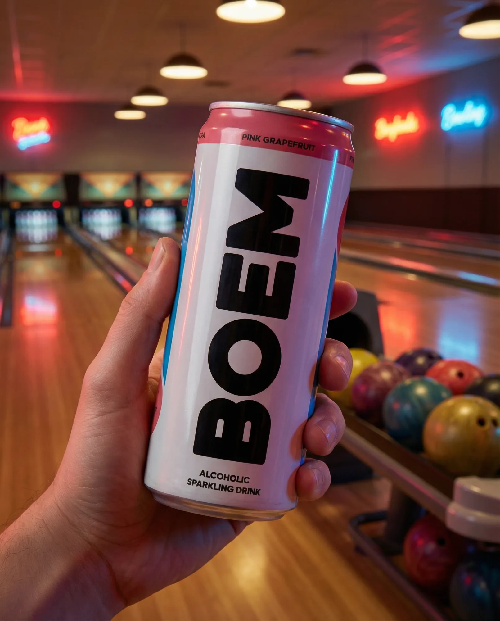 Lattina di bevanda frizzante analcolica tenuta in mano in una sala bowling con pista illuminata e palle colorate sullo sfondo.