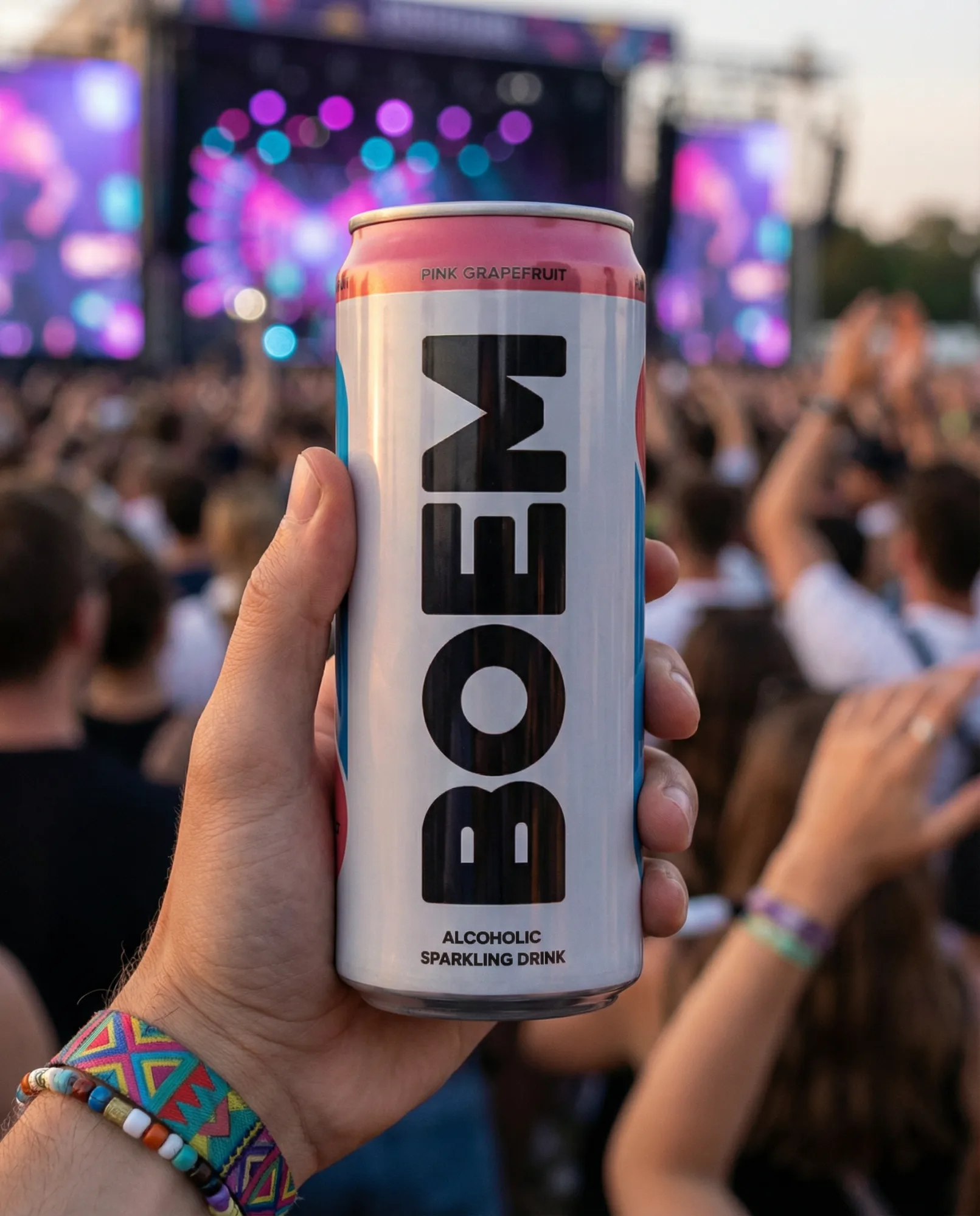 Mano che tiene una lattina di bevanda frizzante davanti a un lago immerso nel bosco, illuminato dalla luce calda del tramonto.