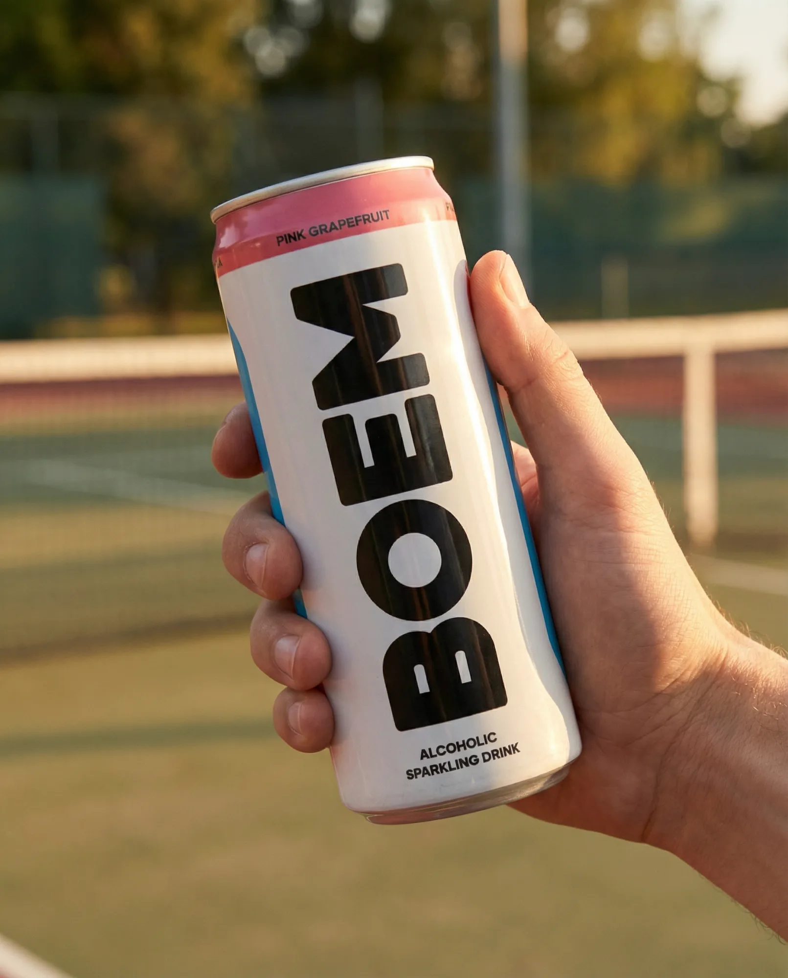 Lattina di bevanda tenuta in mano davanti a un campo da tennis al tramonto con luce calda naturale.