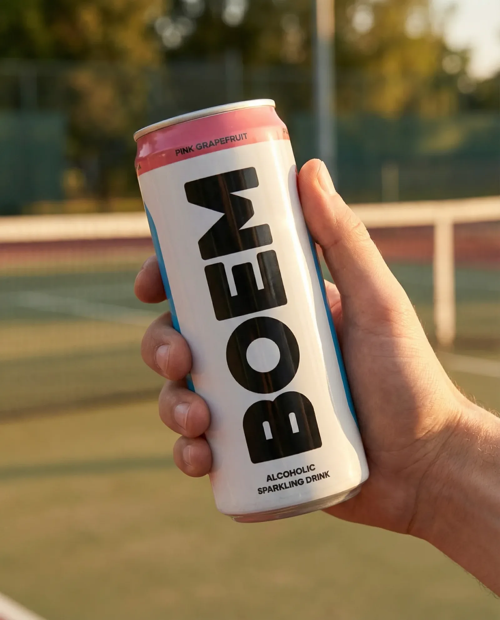 Lattina di bevanda tenuta in mano davanti a un campo da tennis al tramonto con luce calda naturale.