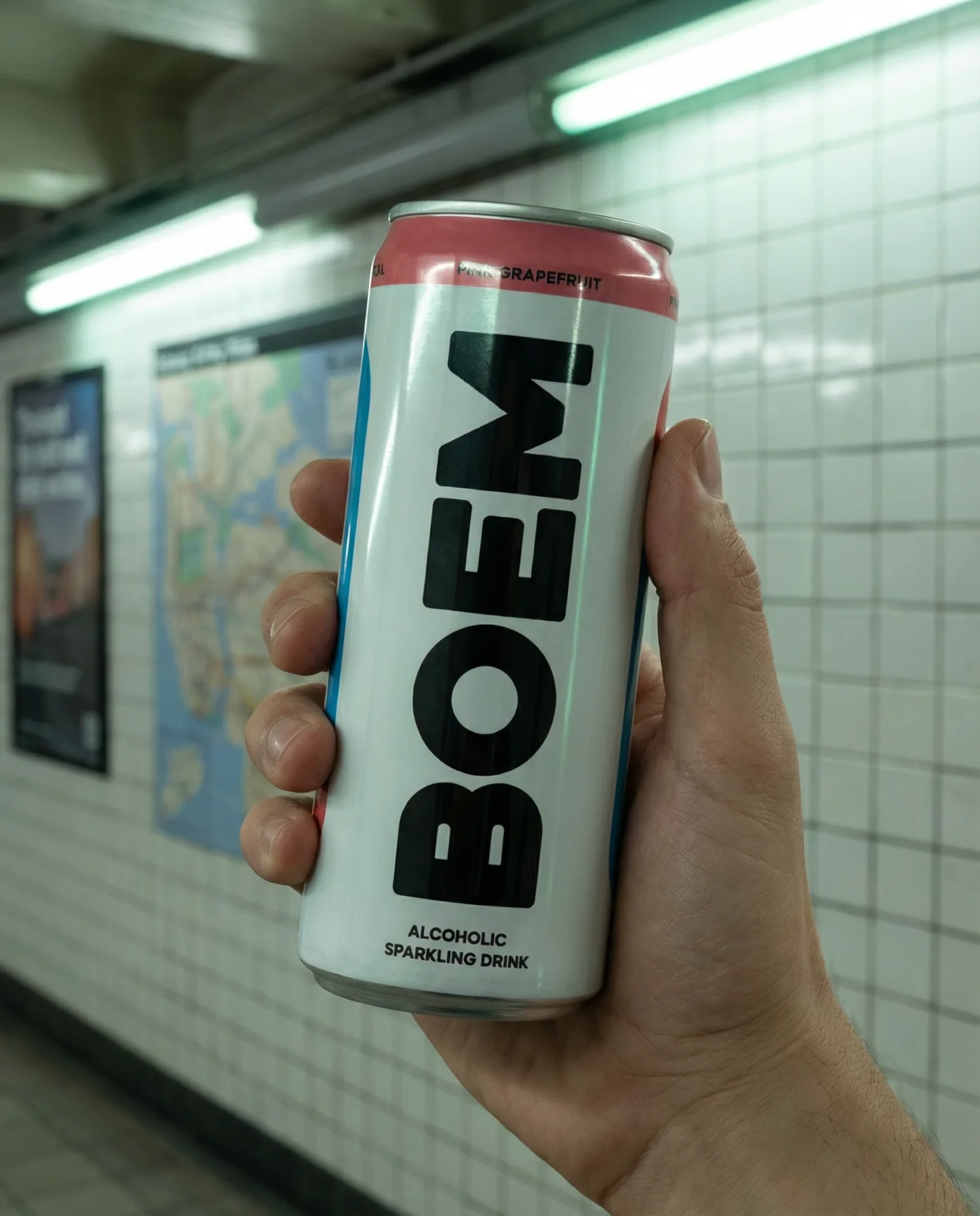 Lattina di bevanda frizzante tenuta in mano in una stazione della metropolitana con pareti piastrellate e luci al neon.