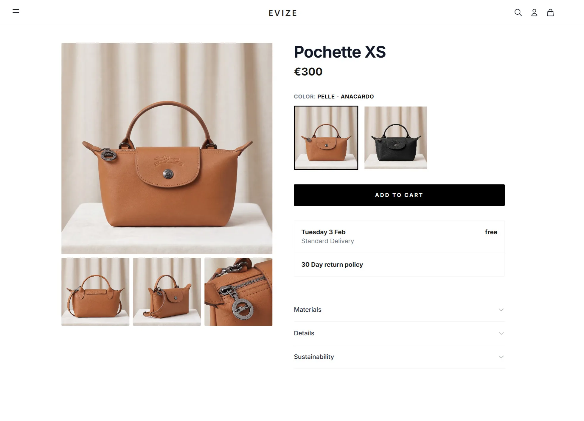 Mockup pagina prodotto e-commerce per borsa in pelle con immagini dettagliate, selezione colore e sezione informazioni