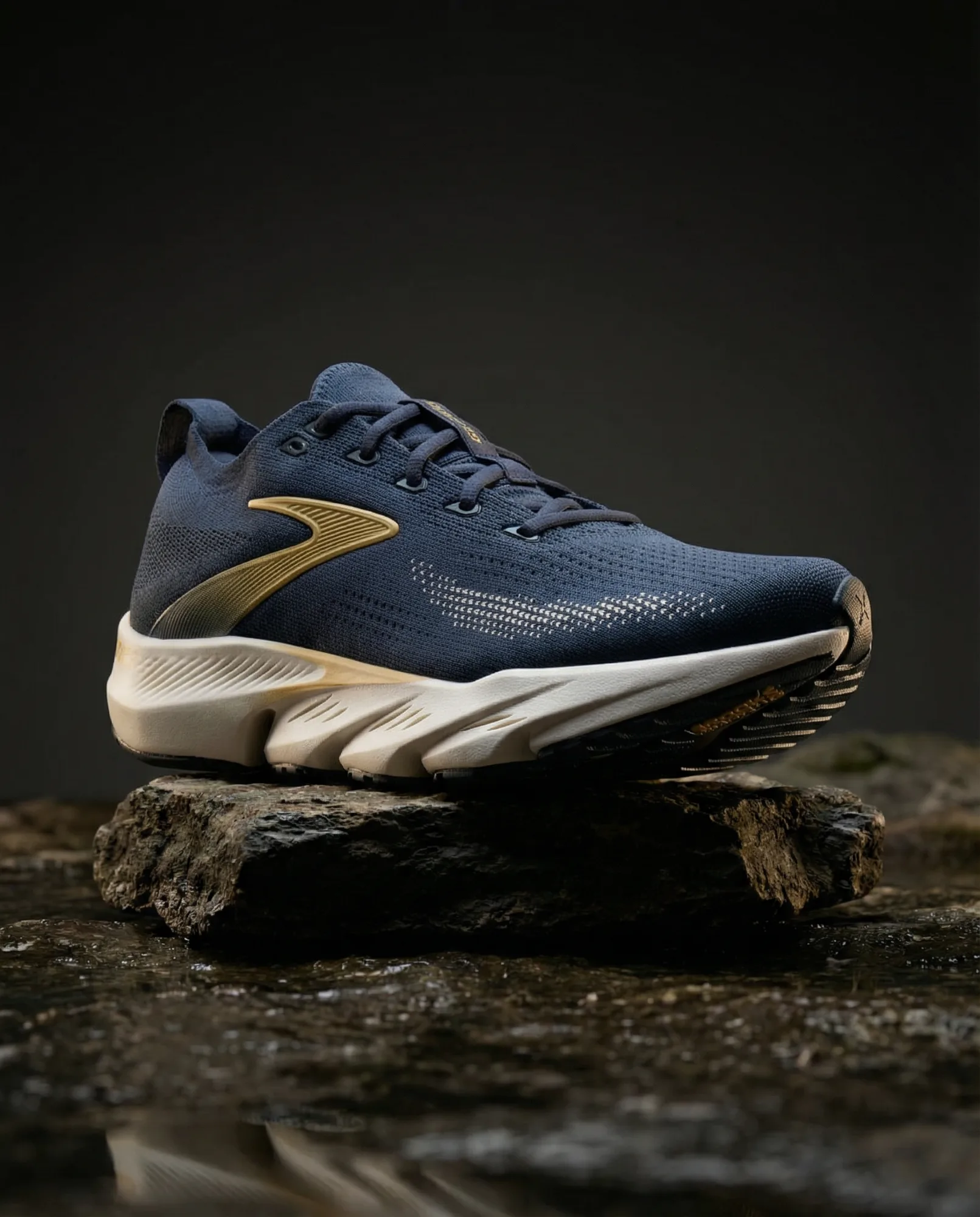 Sneaker sportiva blu con dettagli dorati appoggiata su roccia con illuminazione drammatica.