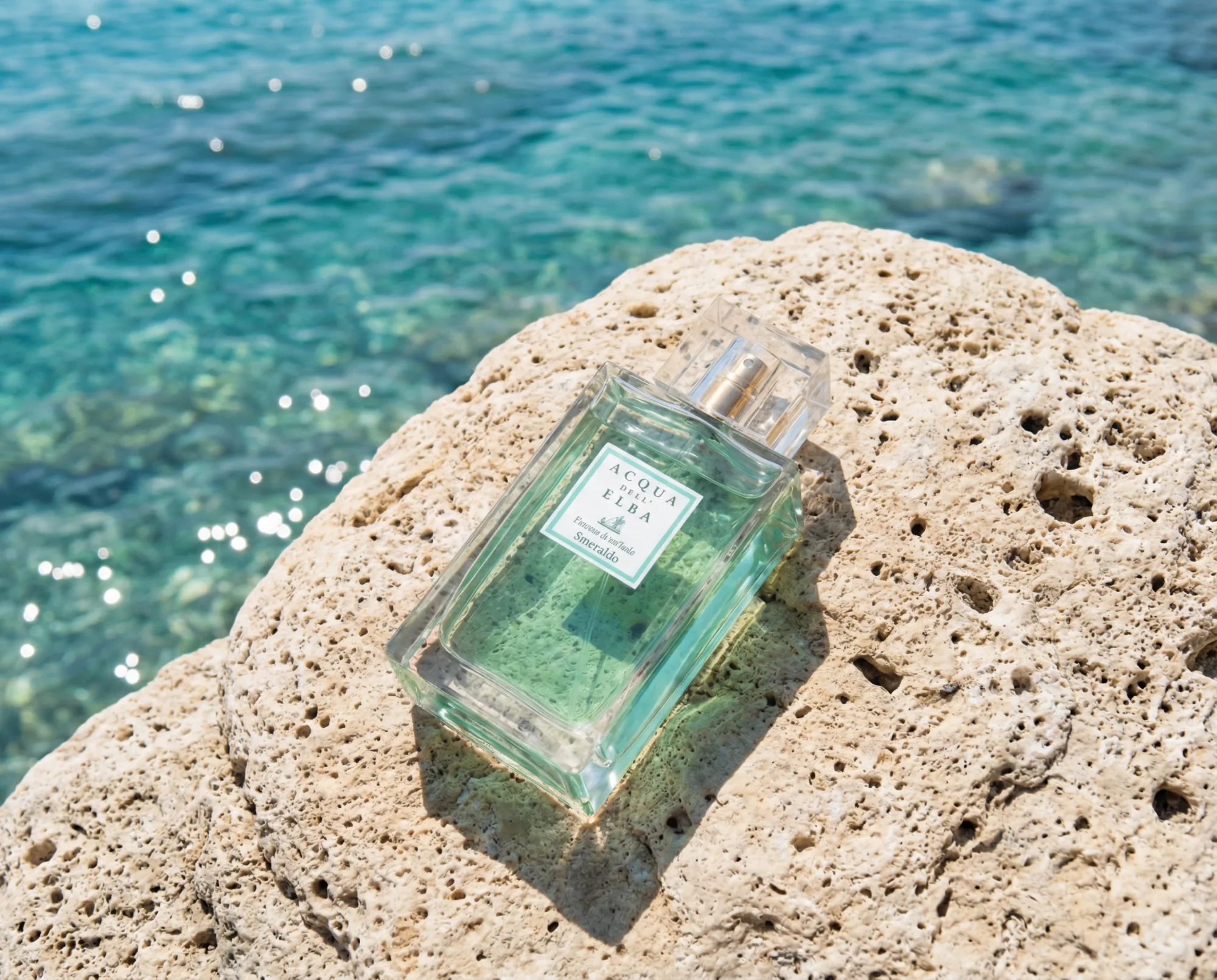 Bottiglia di profumo verde acqua su roccia chiara con mare cristallino sullo sfondo.