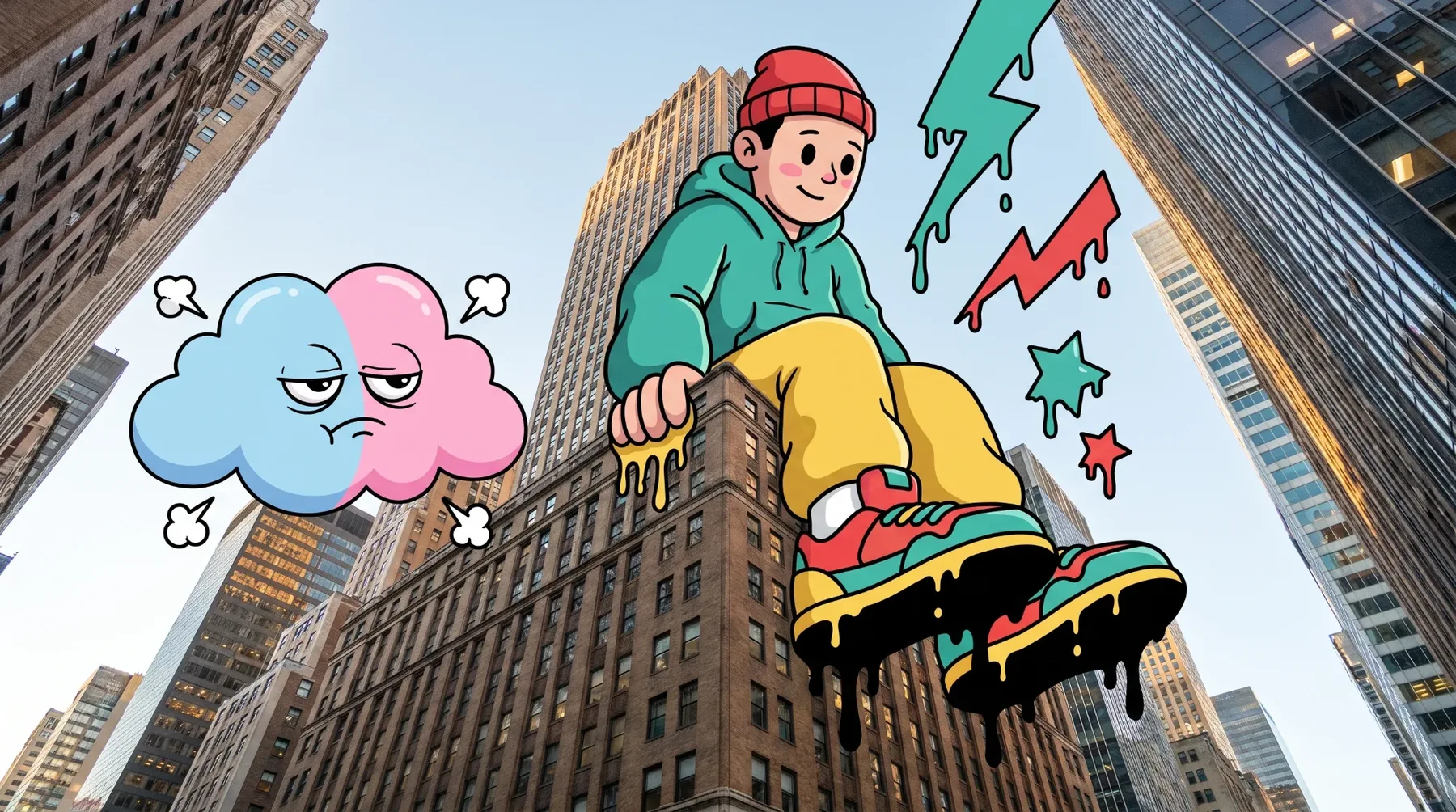 Illustrazione urbana con un personaggio in stile cartoon seduto sopra un grande paio di sneakers colorate sospese tra i grattacieli di una città. Sullo sfondo si vedono edifici moderni e il cielo, mentre attorno al personaggio compaiono elementi grafici decorativi come nuvole, stelle e frecce dipinte in stile street art.