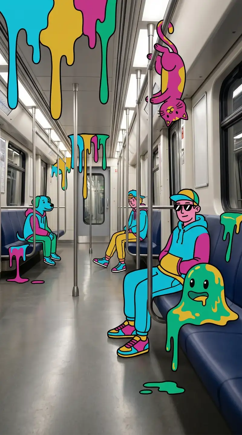 Interno di una carrozza della metropolitana decorata con personaggi cartoon colorati e dettagli in stile street art. Un giovane con felpa e cappellino siede su un sedile mentre elementi grafici vivaci, vernice colante e creature illustrate trasformano l'ambiente urbano in una scena creativa e surreale.