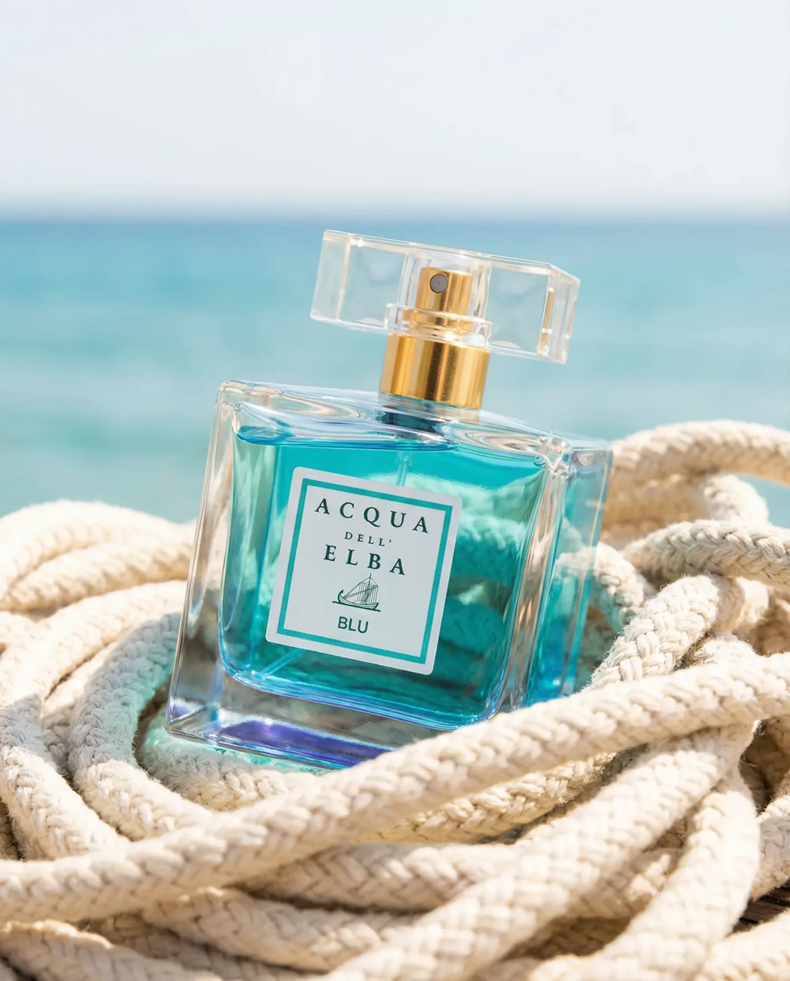 Profumo Acqua dell’Elba Blu ambientato su corda nautica con sfondo mare, fotografia prodotto lifestyle originale